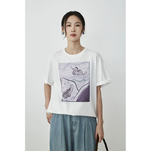 Camiseta holgada con estampado de mariposas de algodón CAREMIND 2024 verano cuello redondo hombro delantero manga corta fina 