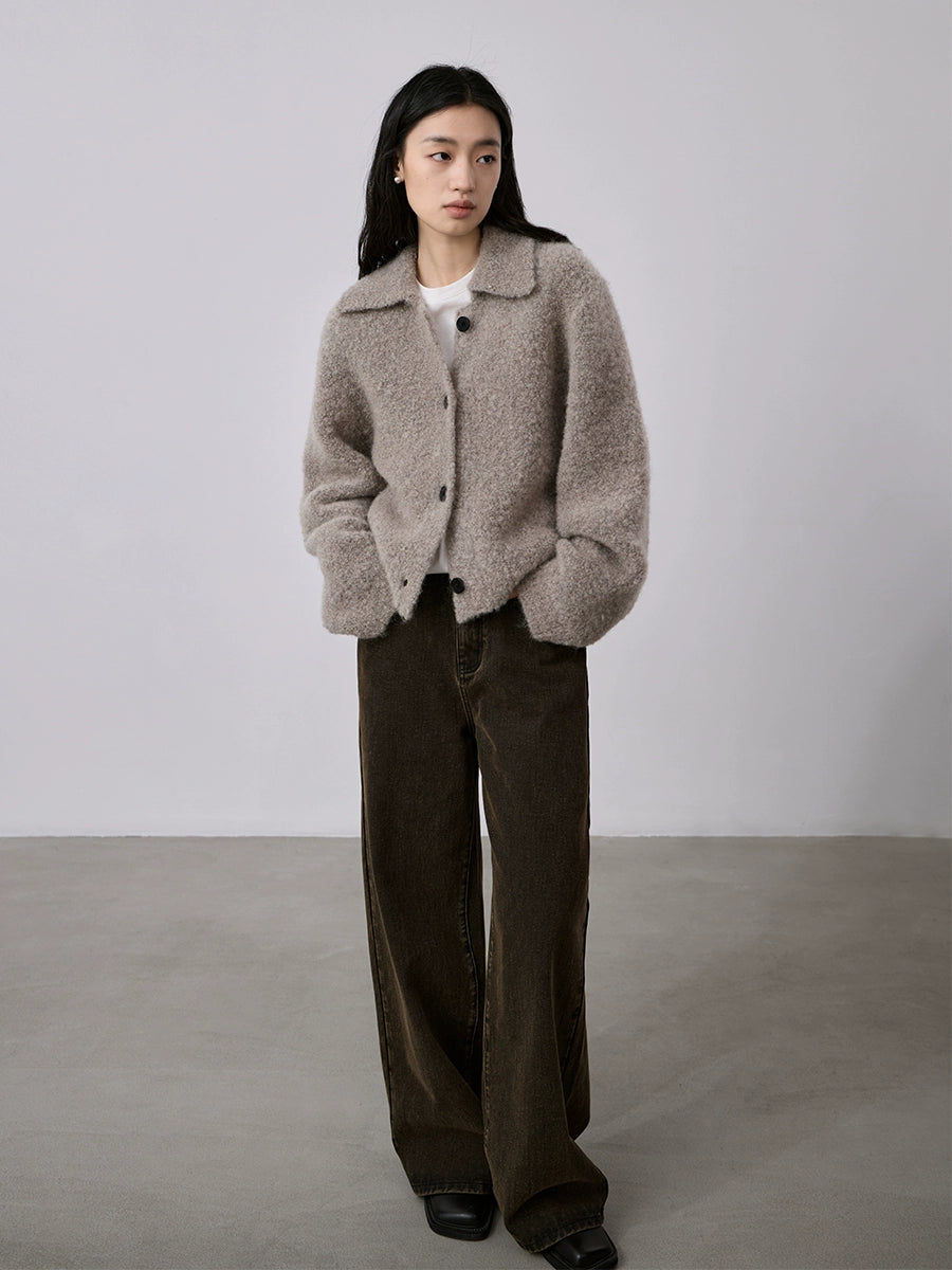 [Spécial à durée limitée] Veste pull en mohair doux et ciré, revers chaud, simple boutonnage, haut cardigan court couleur abricot riz