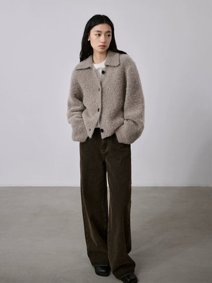 [Spécial à durée limitée] Veste pull en mohair doux et ciré, revers chaud, simple boutonnage, haut cardigan court couleur abricot riz