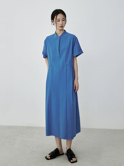 [Bruce Blue] CAREMIND Vestido de viajero diario azul Camisa de algodón puro Falda que cubre las caderas Falda ajustada media y larga 