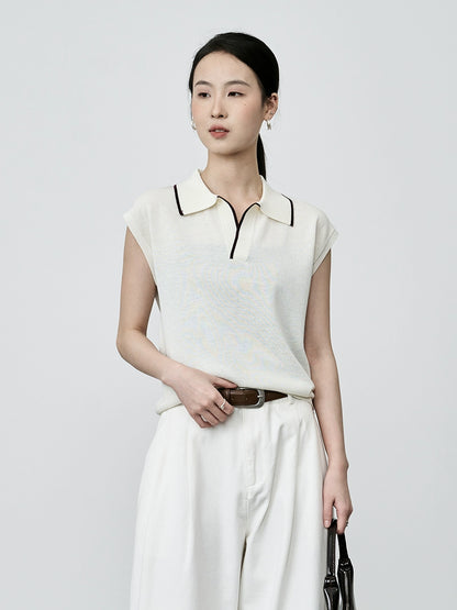 CAREMIND Chaleco tipo polo intelectual de color blanco albaricoque, chaleco elegante con temperamento, suéter de punto con solapa para mujer 