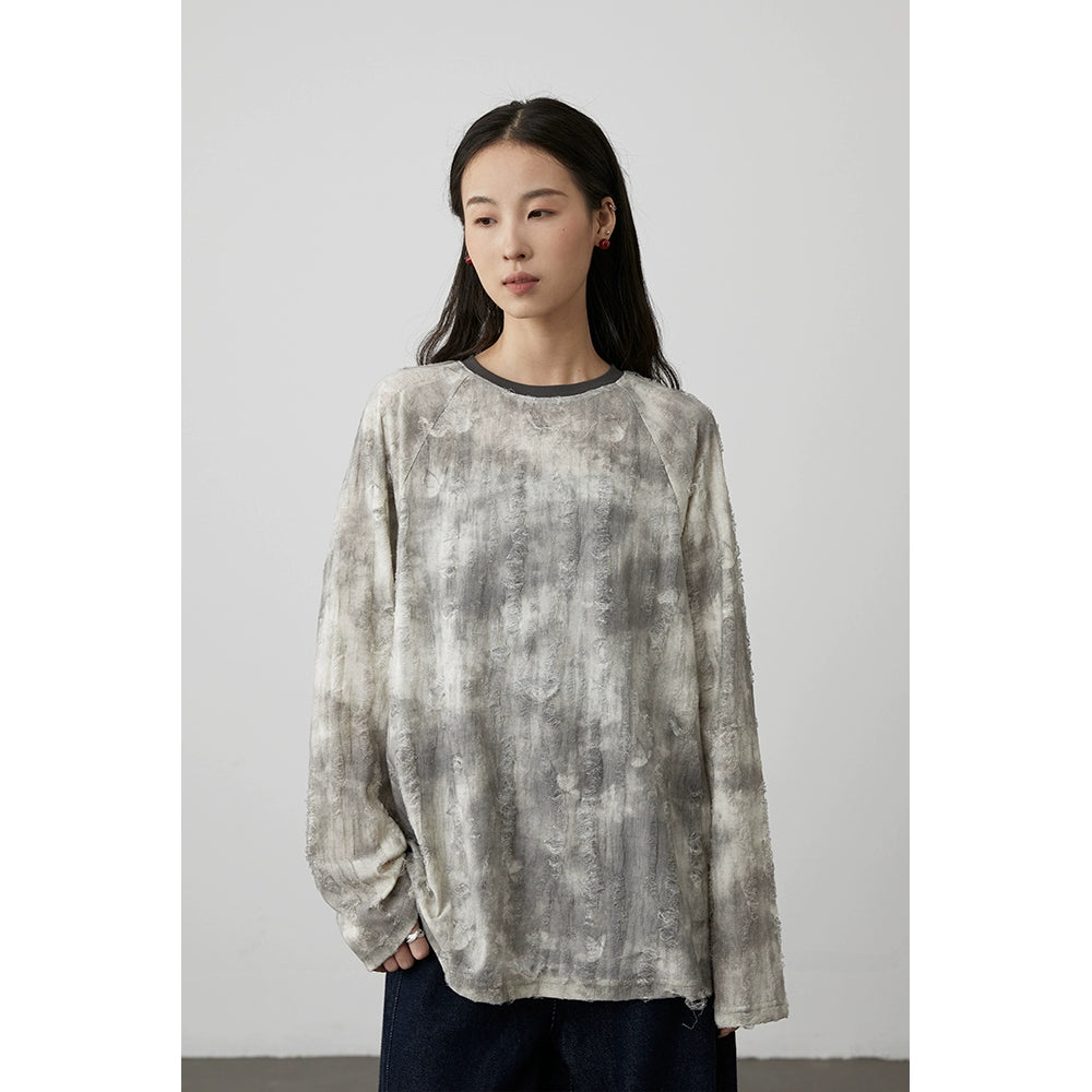 [Notas flotantes] Camiseta de manga larga con cuello redondo y manchas irregulares holgadas de CAREMIND, parte inferior gris y blanca para mujer 