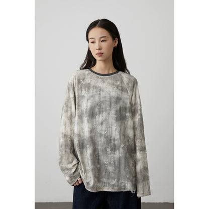 [Notas flotantes] Camiseta de manga larga con cuello redondo y manchas irregulares holgadas de CAREMIND, parte inferior gris y blanca para mujer 