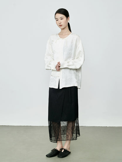 Camisa de manga larga con botones y tapeta diagonal en jacquard de color albaricoque de CAREMIND, estilo nacional de primera calidad, de satén 