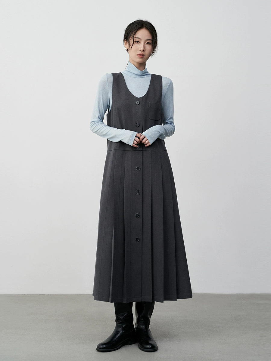 [Oferta especial por tiempo limitado] Vestido plisado con diseño de chaleco apilado versátil y falda larga con cuello en U sin mangas 