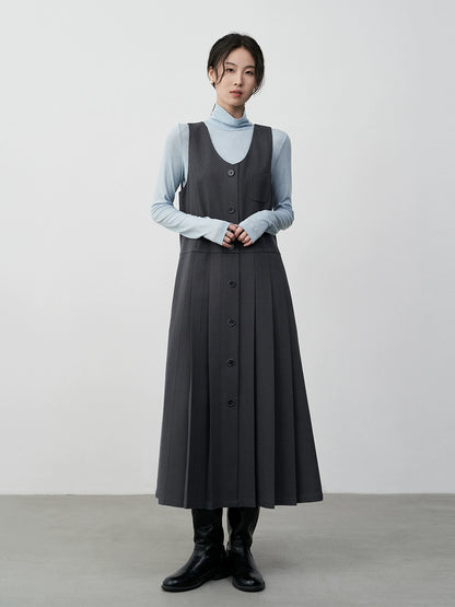 [Oferta especial por tiempo limitado] Vestido plisado con diseño de chaleco apilado versátil y falda larga con cuello en U sin mangas 