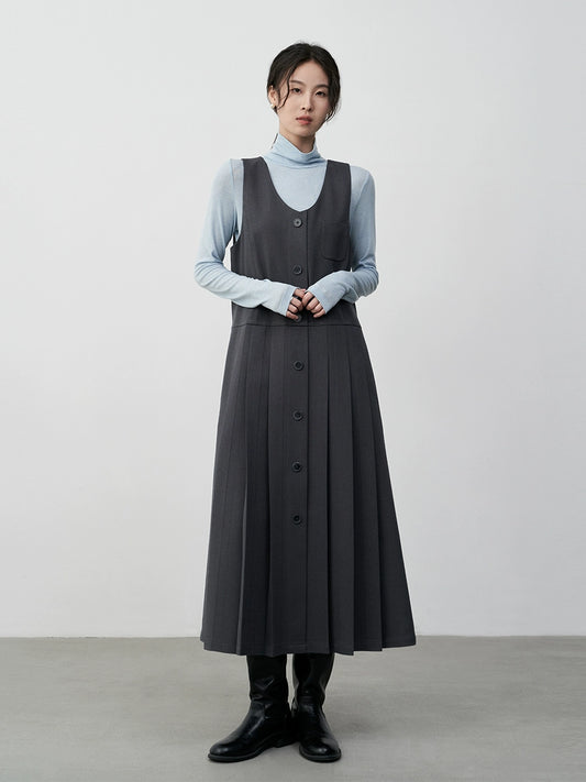 [Oferta especial por tiempo limitado] Vestido plisado con diseño de chaleco apilado versátil y falda larga con cuello en U sin mangas 