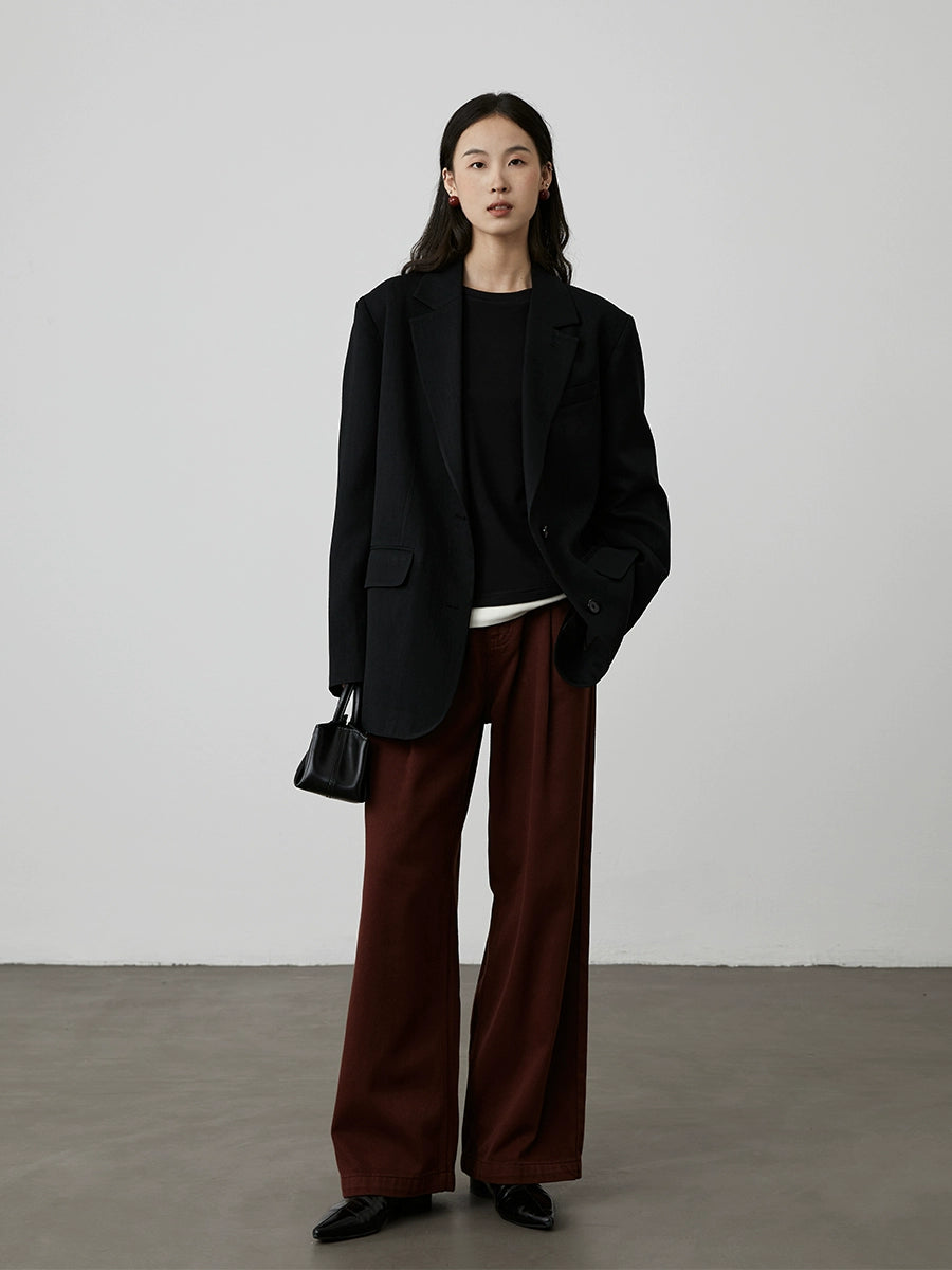 [Street Slack] CAREMIND retro dark red high-waisted jeans autumn new straight drape thin pants