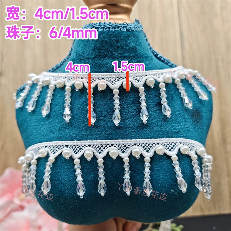 3702 Exquisitos accesorios de encaje con flecos y cuentas blancas, cortinas decorativas para ropa DIY, falda Hanfu, tocado de boda, colgante