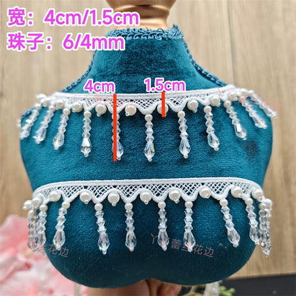 3702 Exquisitos accesorios de encaje con flecos y cuentas blancas, cortinas decorativas para ropa DIY, falda Hanfu, tocado de boda, colgante