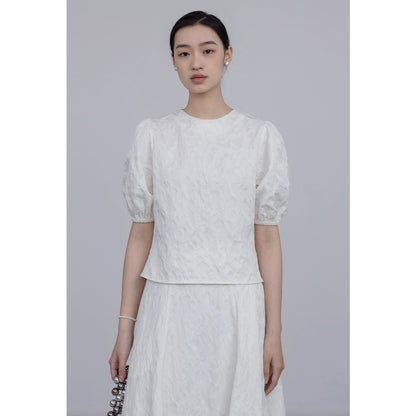 [Oferta por tiempo limitado] Conjunto de dos piezas de camiseta de manga corta con cuello redondo y falda de cintura alta con textura tridimensional en jacquard 