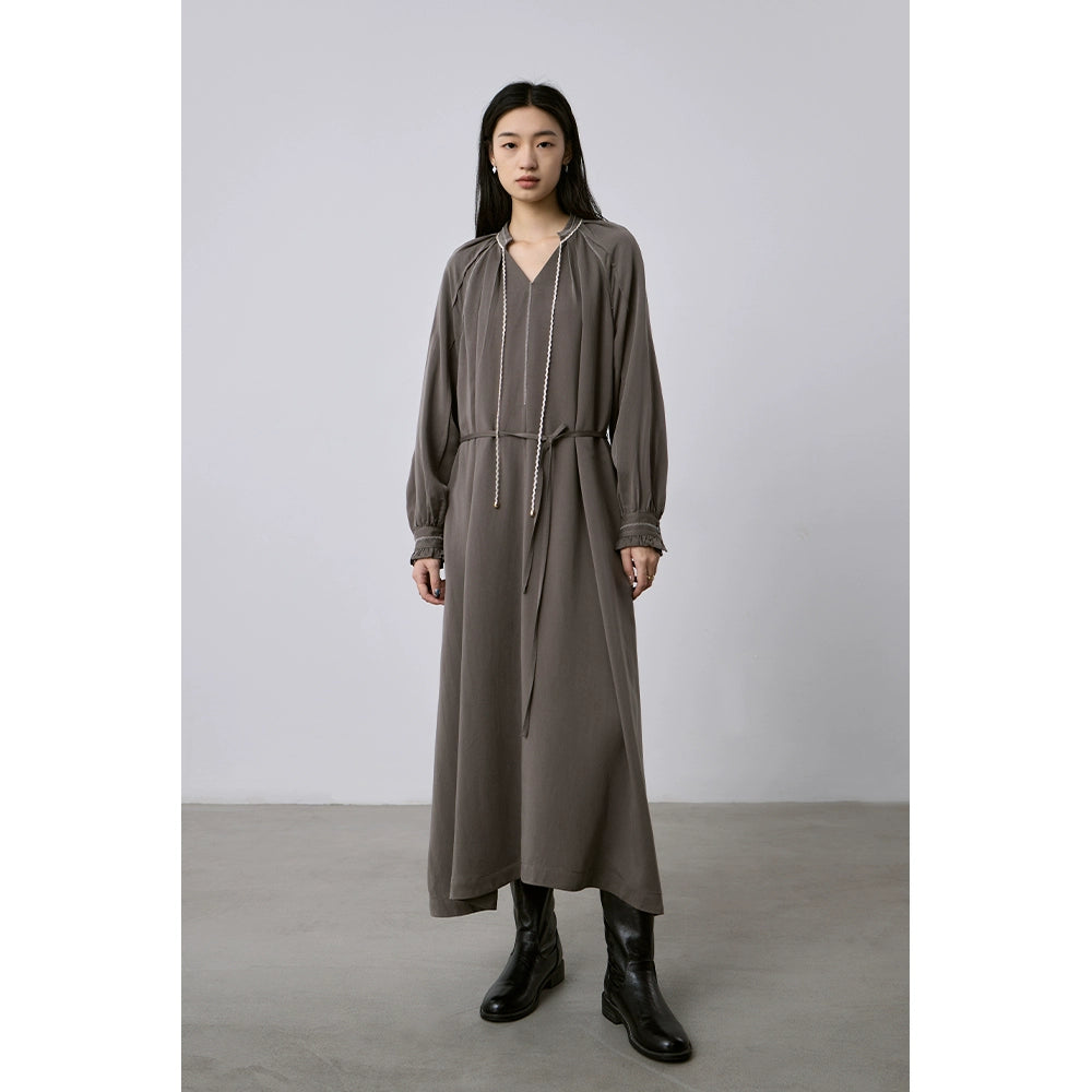 CAREMIND albaricoque de alta gama sentido fino cordón cinturón vestido ropa de mujer 2024 primavera y otoño temperamento medio y largo vestido de mujer 