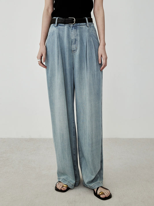 Pantalones vaqueros largos de verano de lyocell de primera calidad con pernera ancha y estrecha de CAREMIND en color azul vintage para mujer 