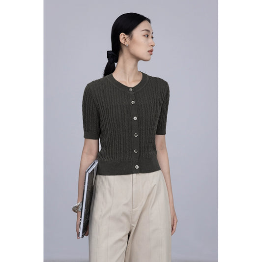 [Special Price] Two-color ramie knitted single-breasted cardigan top shows temperament elastic crew neck short sleeves