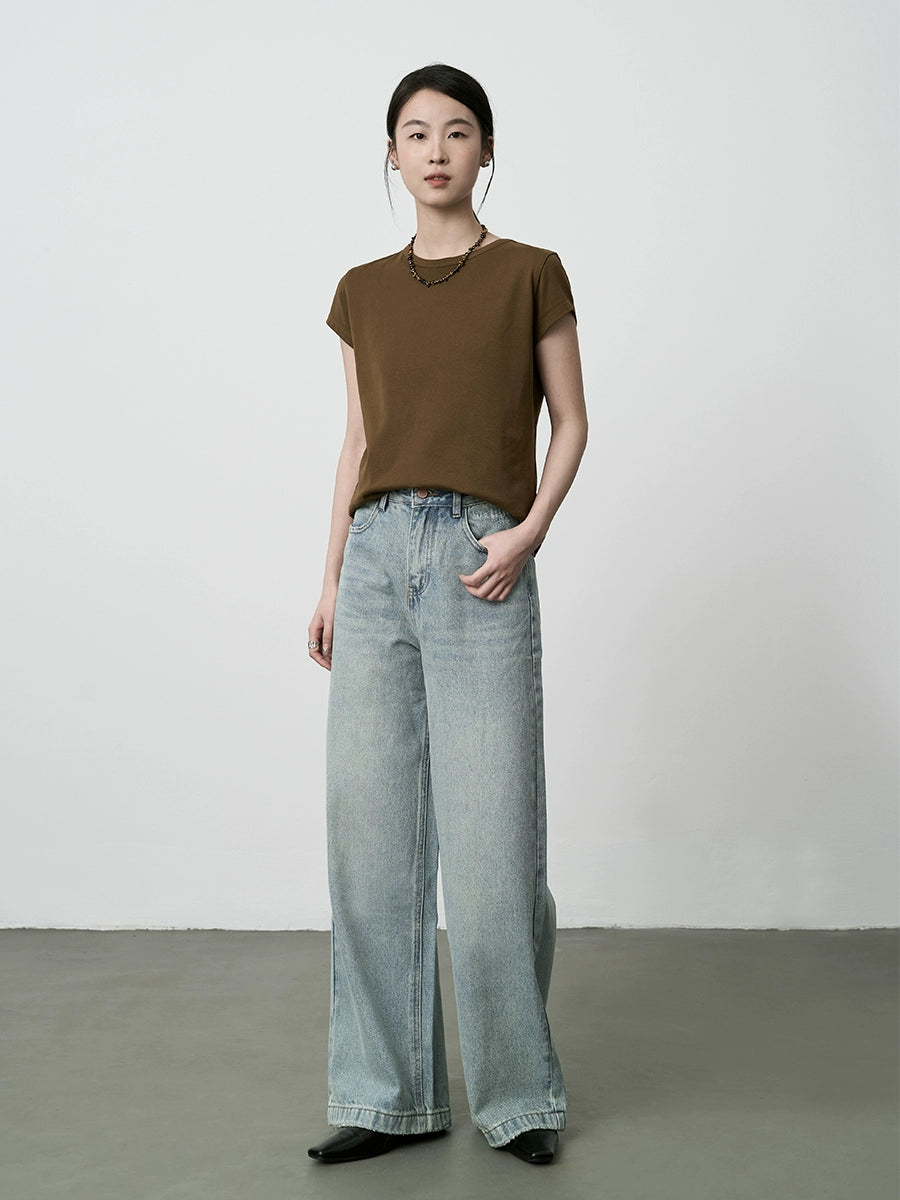 CAREMIND Camiseta de manga corta con cuello redondo, color sólido, fina y con hombros descubiertos, versión coreana, top informal holgado en el interior 