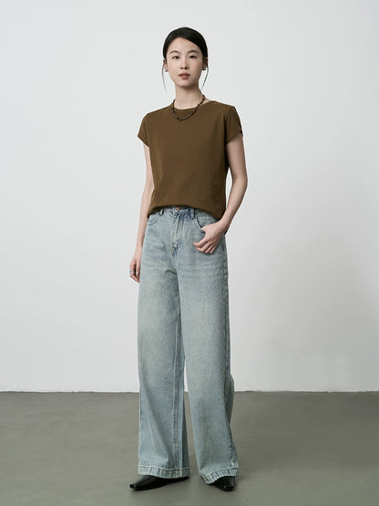 CAREMIND Camiseta de manga corta con cuello redondo, color sólido, fina y con hombros descubiertos, versión coreana, top informal holgado en el interior 