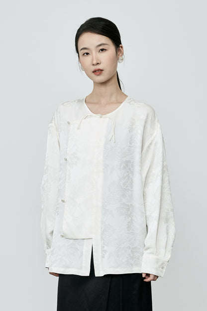 Camisa de manga larga con botones y tapeta diagonal en jacquard de color albaricoque de CAREMIND, estilo nacional de primera calidad, de satén 