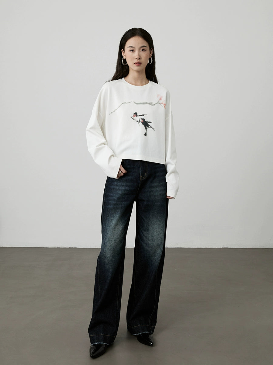 [Swallow Return] CAREMIND Original Creative Long Sleeve Top Small Loose Short T-Shirt Women