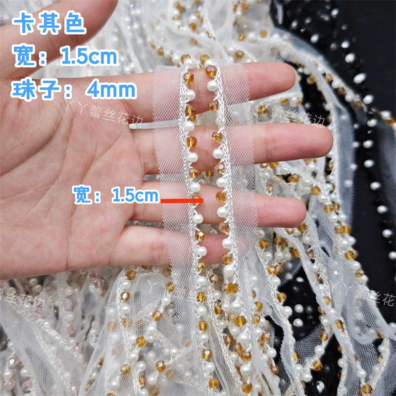 Cinta de encaje con diamantes de imitación de perlas de 1,5 cm de ancho, ideal para hacer puños, escotes, vestidos de novia, correas de hombro, accesorios para el cabello y sombreros.