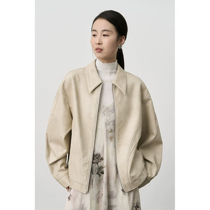 CAREMIND Chaqueta corta elegante de PU para motocicleta en color blanco roto Chaqueta de cuero versátil para primavera y otoño Ropa para mujer 