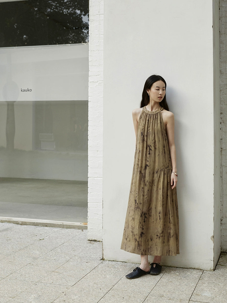 [Vestido con sombra de hojas] Vestido largo con cuello de flores de color verde amarillo chino nuevo de CAREMIND Vestido con tirantes sin mangas 