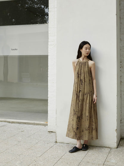 [Vestido con sombra de hojas] Vestido largo con cuello de flores de color verde amarillo chino nuevo de CAREMIND Vestido con tirantes sin mangas 
