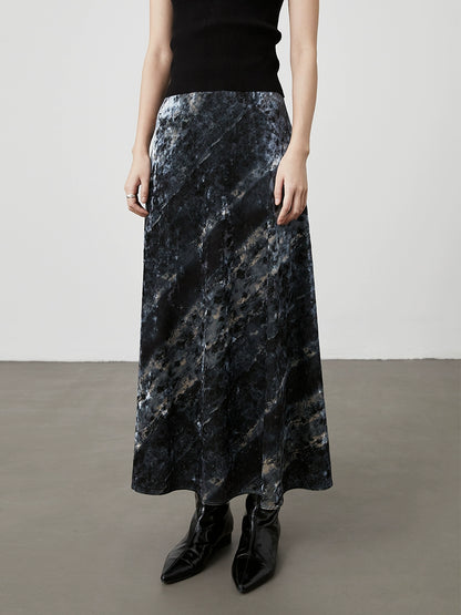 [Playa negra] Falda con textura de color contrastante de terciopelo azul niebla de CAREMIND Falda ajustada de cintura alta francesa con palabra A para mujer 