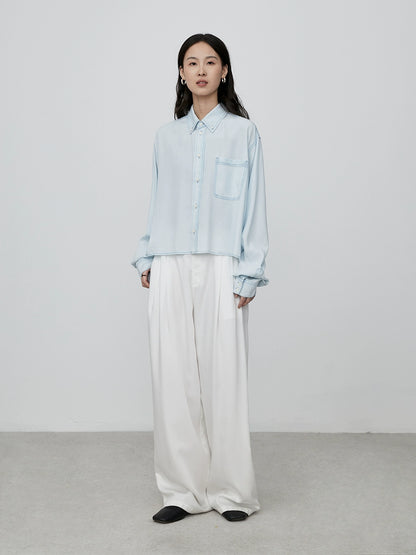 Camisa tipo polo de tencel azul claro CAREMIND, corta, informal, estilo extranjero, fina, manga larga, tipo cárdigan 