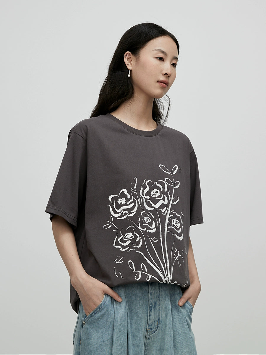 [Wanton growth] CAREMIND summer American loose short-sleeved top chic hand-painted rose crew neck T-shirt