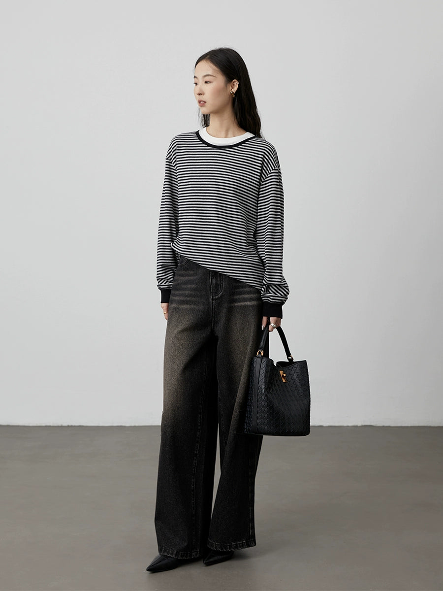 [TOMBOY sea soul shirt] CAREMIND black and gray striped long-sleeved top loose shoulder versatile bottoming shirt