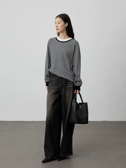 [TOMBOY sea soul shirt] CAREMIND black and gray striped long-sleeved top loose shoulder versatile bottoming shirt