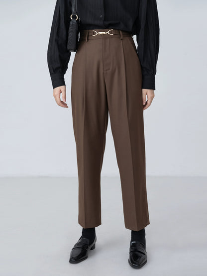 [Oferta por tiempo limitado] Pantalones con hebilla de metal marrón CAREMIND, pantalones casuales sencillos de nueve puntos para mujer 