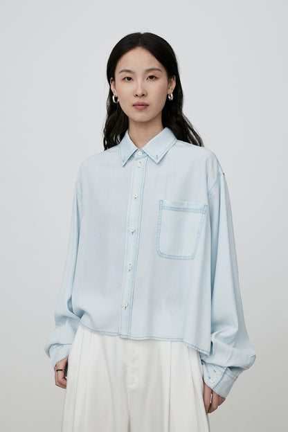 Camisa tipo polo de tencel azul claro CAREMIND, corta, informal, estilo extranjero, fina, manga larga, tipo cárdigan 