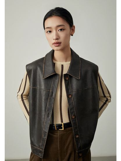 Chaleco sin mangas con diseño original de CAREMIND, chaleco con solapa exterior para mujer, chaqueta de cuero con diseño de solapa, otoño, primavera y otoño 