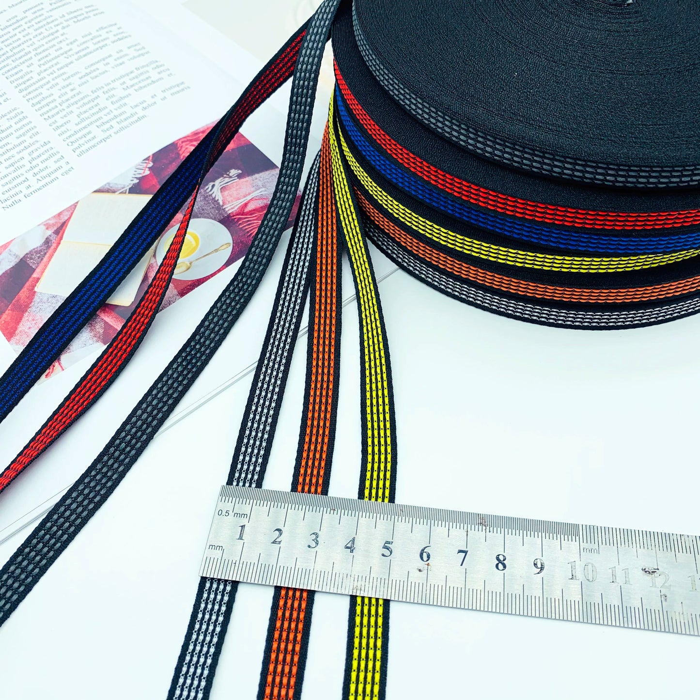 Cinta de punto de salto de 1 cm con rayas de color, cinta de ribete para ropa, cinta de prensado para bordes, cinta de jacquard, accesorios para ropa