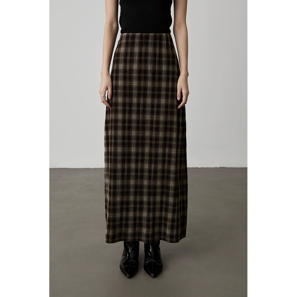 [Latte caliente] Falda ajustada a cuadros color café con temperamento retro de CAREMIND, falda dividida en forma de A con cintura elástica 