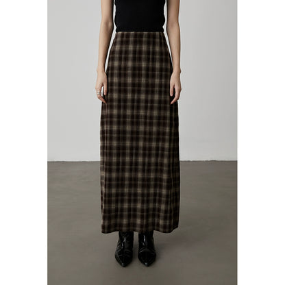 [Latte caliente] Falda ajustada a cuadros color café con temperamento retro de CAREMIND, falda dividida en forma de A con cintura elástica 