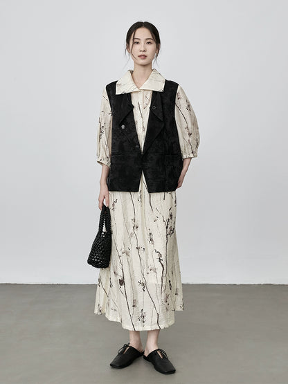 CAREMIND New Chinese ink print dress elegant temperament long dress children/with skirt lining