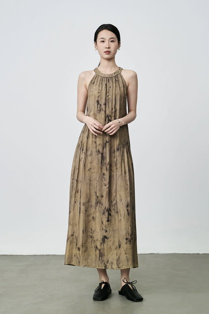 [Vestido con sombra de hojas] Vestido largo con cuello de flores de color verde amarillo chino nuevo de CAREMIND Vestido con tirantes sin mangas 