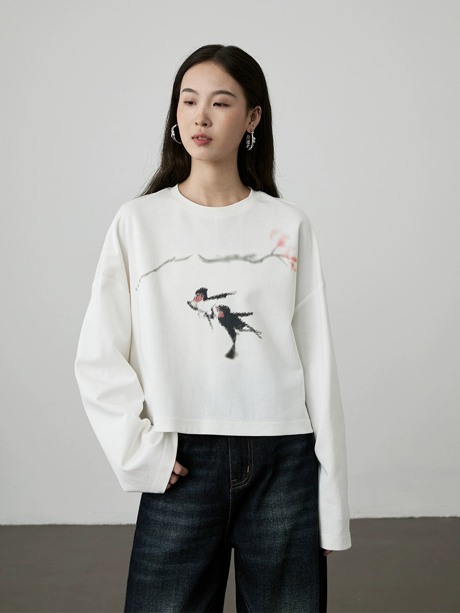 [Swallow Return] CAREMIND Original Creative Long Sleeve Top Small Loose Short T-Shirt Women