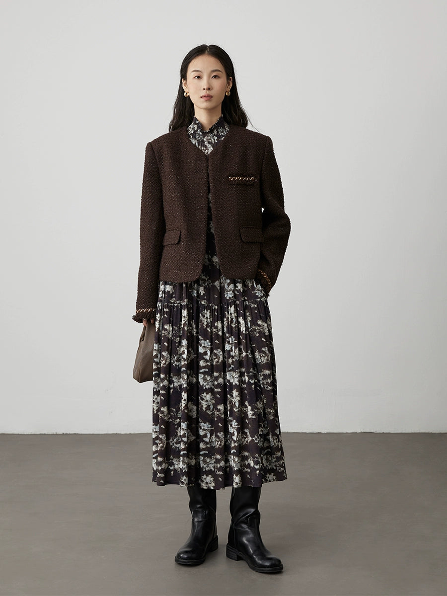 [Jardín nómada] Vestido de manga larga con cuello alto y estampado floral de CAREMIND para otoño e invierno, estilo coreano con falda larga 
