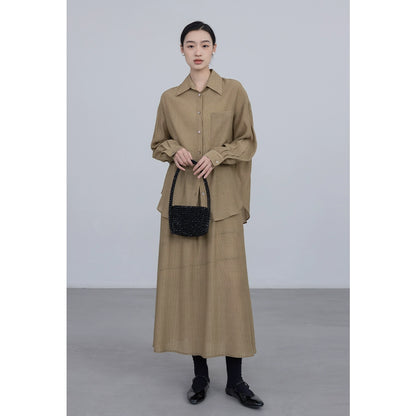 Conjunto de dos piezas de camisa de manga larga con colgante CAREMIND 24SS + falda en forma de A, sal de textura oscura 