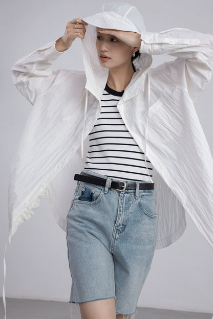 [Oferta por tiempo limitado] Chaqueta tipo cárdigan con capucha y cordón fino para mujer, holgada, a la moda, color blanco, con protección solar 