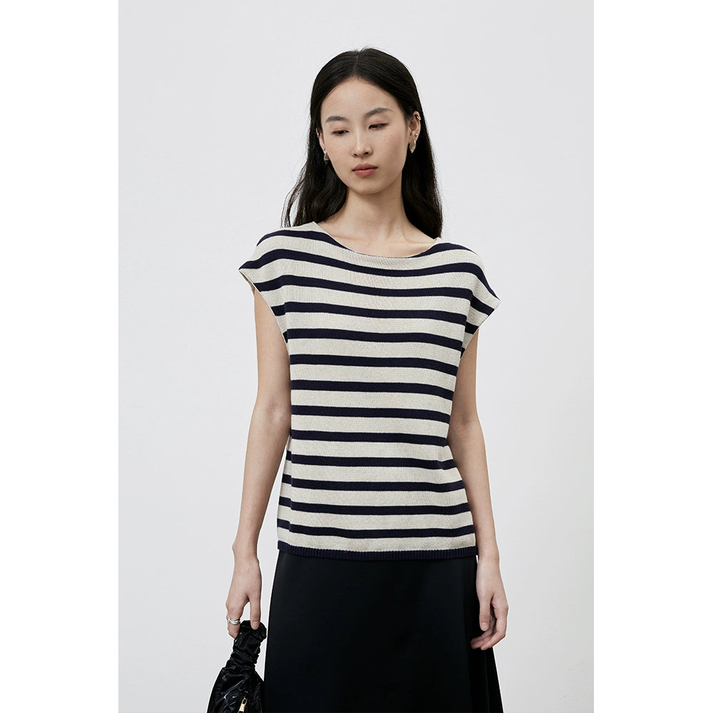 [Tarde de ocio] CAREMIND Camiseta sin mangas de punto de lino sencilla con mangas a rayas y elegante top de lino de punto para mujer 