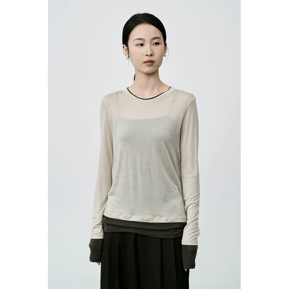 Camiseta de manga larga de lujo ligera Lenzing Tencel de CAREMIND, agradable para la piel, cuello redondo, versátil, color a juego, top de moda 