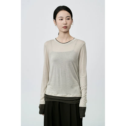 Camiseta de manga larga de lujo ligera Lenzing Tencel de CAREMIND, agradable para la piel, cuello redondo, versátil, color a juego, top de moda 