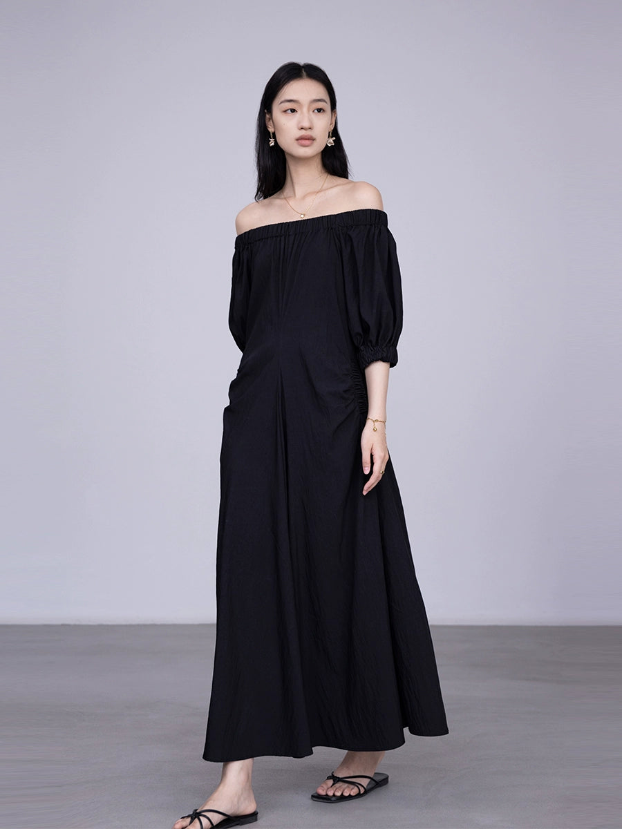 [Special Price] Black Round Neck Hot Light Dress Elastic Neck Shoulder Dress