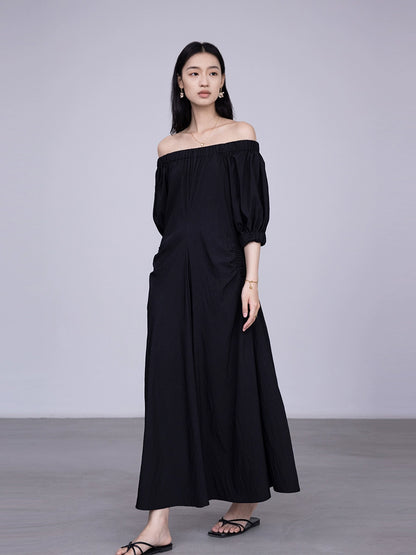 [Special Price] Black Round Neck Hot Light Dress Elastic Neck Shoulder Dress