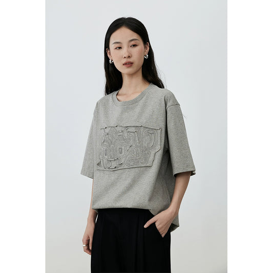[Totem T-shirt] CAREMIND heavy industry embroidery three-dimensional gray short-sleeved casual half-sleeved salt T-shirt top