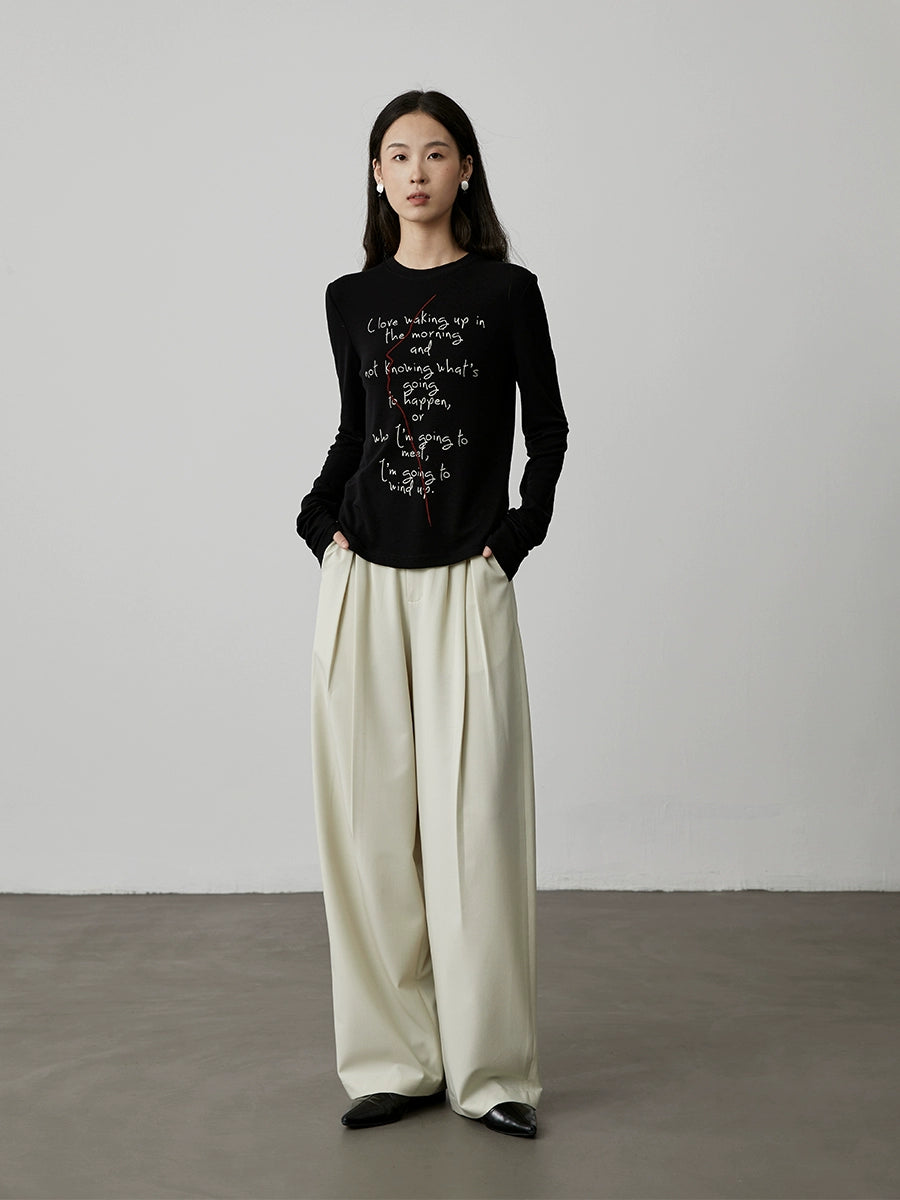 [Thinking T] CAREMIND Black Tencel Letter Printed Front Shoulder Long Sleeve T-Shirt Three-dimensional Art Sketch Top